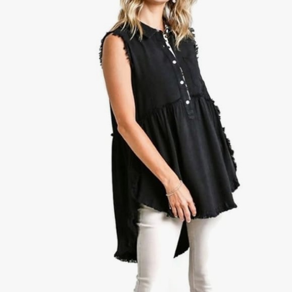 Umgee Leopard Trim Tunic Women Medium Black Sleeveless High Low Hem Linen Blend
